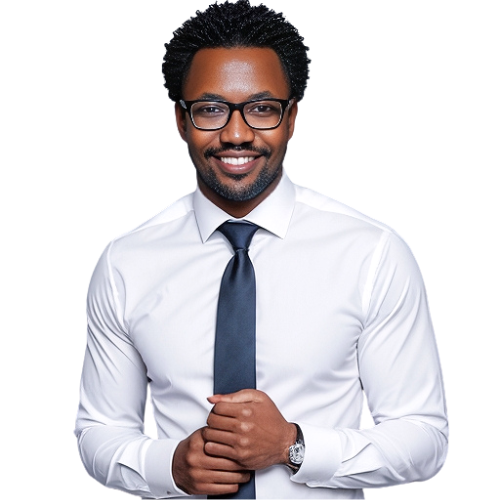 Gründer von GeldundFinanz.de: Thierry Mboza, freundlich lächelnd, professionell gekleidet in weißem Hemd und Krawatte.