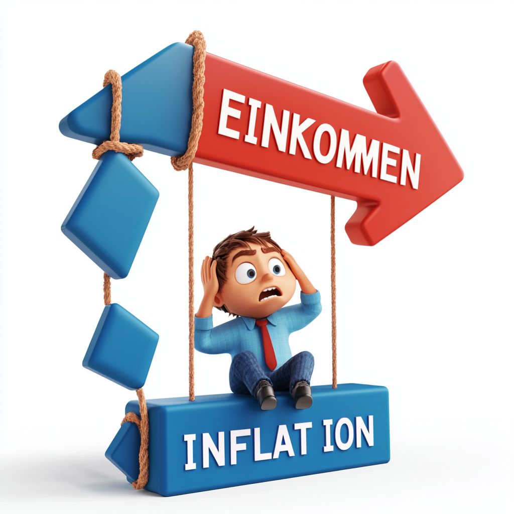 Ein verängstigter Mann sitzt auf einer Schaukel mit der Aufschrift ‚Inflation‘, während ein großer roter Pfeil mit ‚Einkommen‘ über ihm hängt – symbolisiert den Druck durch Inflation.