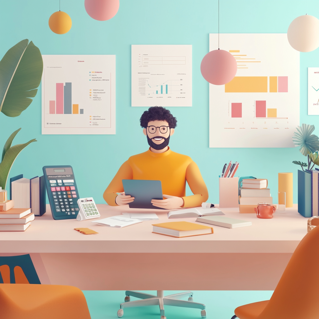 Ein freundlicher Mann in einem modernen Büro, umgeben von Diagrammen, Büchern und einem Taschenrechner, der Finanzen erklärt. Symbol für Finanzplanung und Wissen.