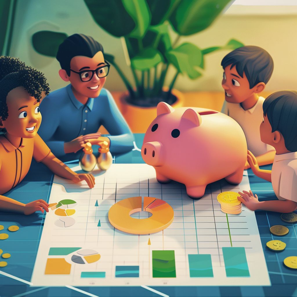 Eine Familie sitzt gemeinsam an einem Tisch und plant ihre Finanzen, mit einem großen Sparschwein, Diagrammen und Münzen – symbolisiert Familienbudget und Finanzbildung.