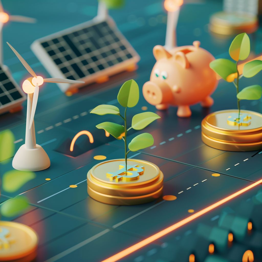 Ein grüner Spross wächst aus einer Goldmünze, umgeben von Windrädern, Solarmodulen und einem Sparschwein – symbolisiert nachhaltige Geldanlagen und umweltfreundliche Finanzen.