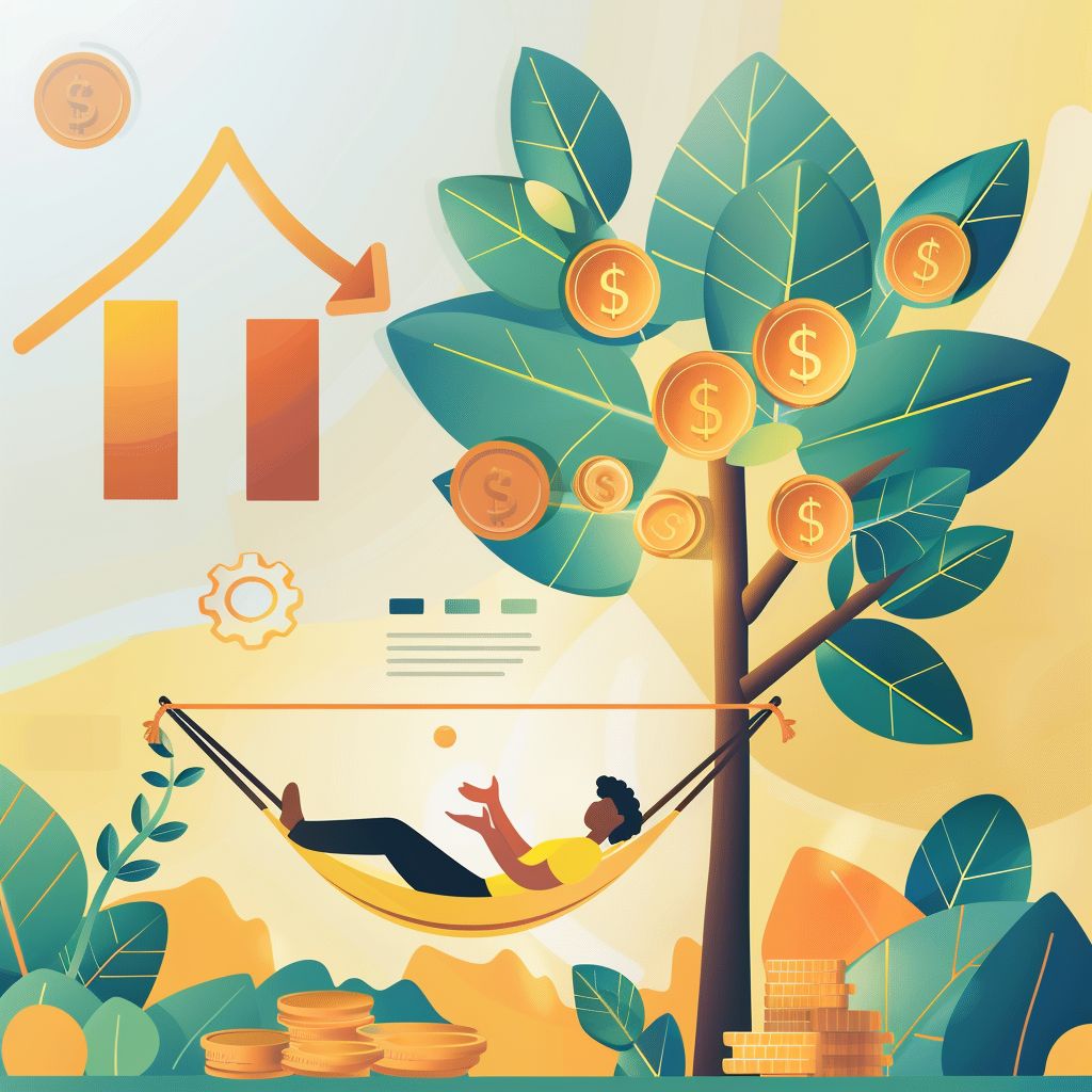 Eine Person entspannt in einer Hängematte unter einem Geldbaum, an dem Münzen hängen, umgeben von grünen Blättern und Diagrammen – symbolisiert passives Einkommen und finanzielle Freiheit.